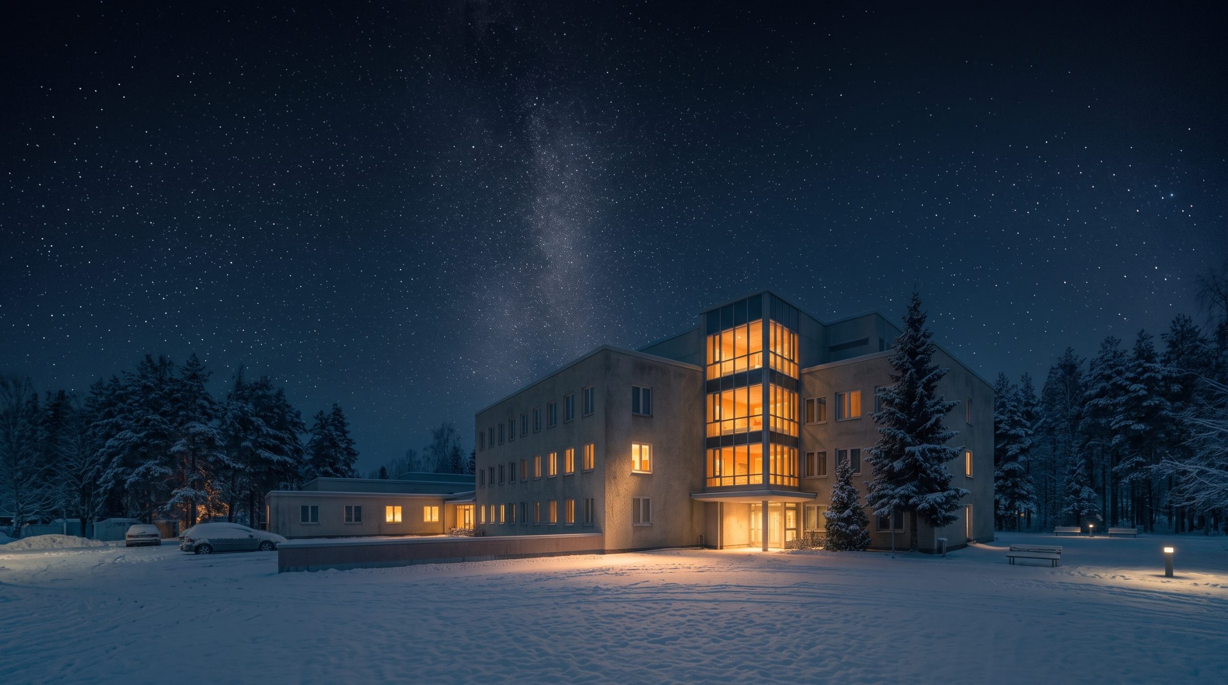 A three-story care building at night in the snow, its windows lit warm under a starry sky.